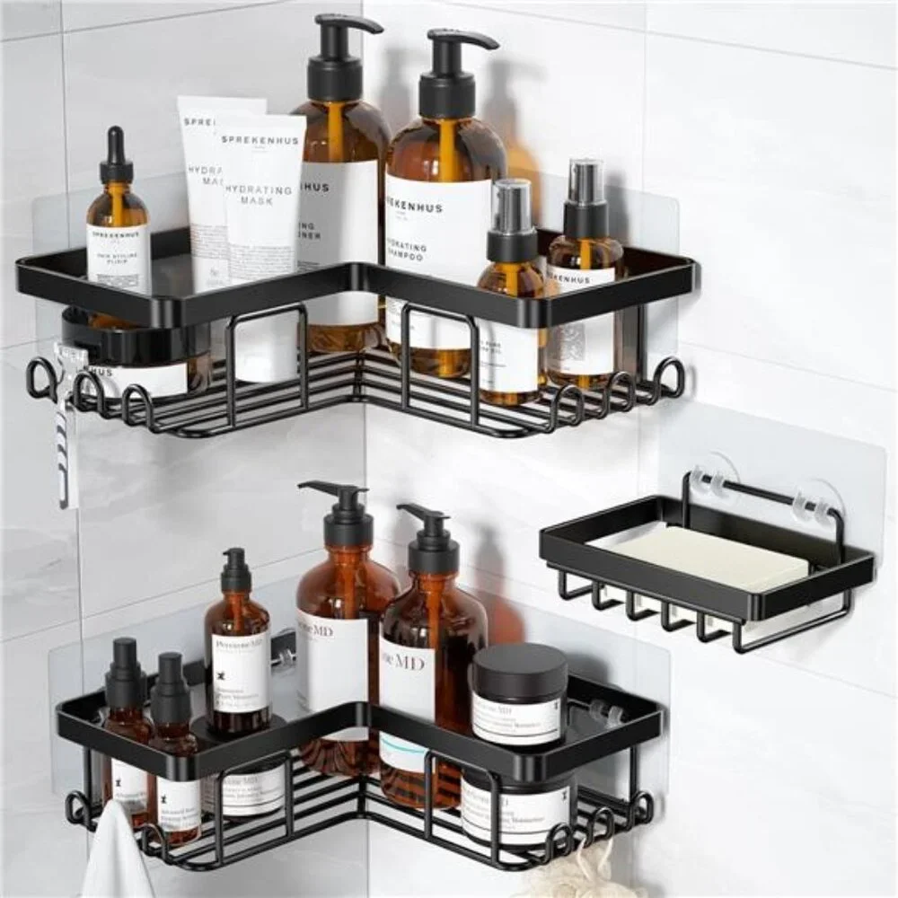 Corner Adhesive Shower Caddy, with Soap Holder and 12 Hooks, Rustproof